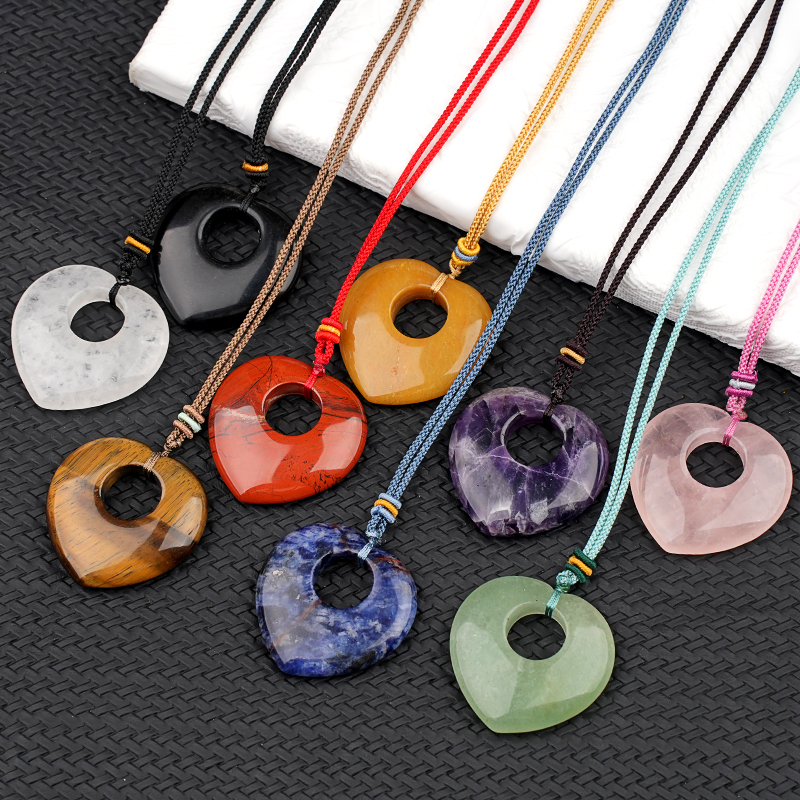 Gemstone 40MM Love Heart Stone Pendant Necklace Adjustable Rope