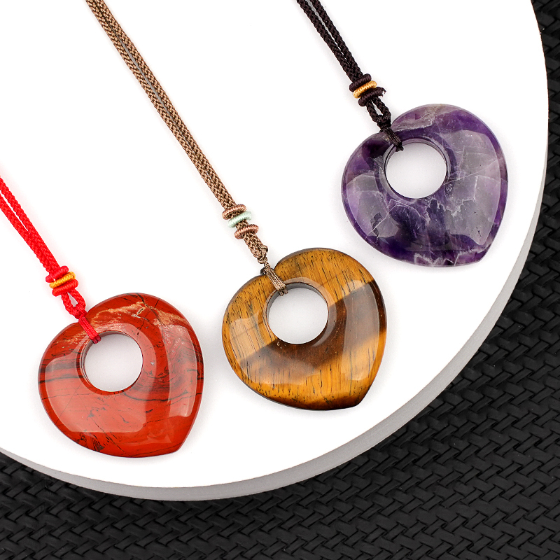Gemstone 40MM Love Heart Stone Pendant Necklace Adjustable Rope