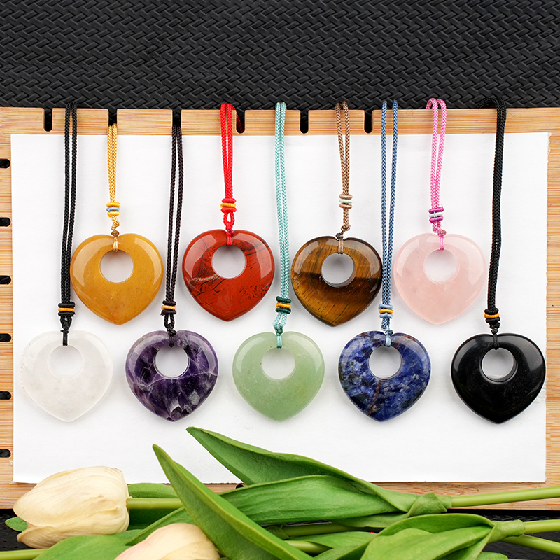 Gemstone 40MM Love Heart Stone Pendant Necklace Adjustable Rope