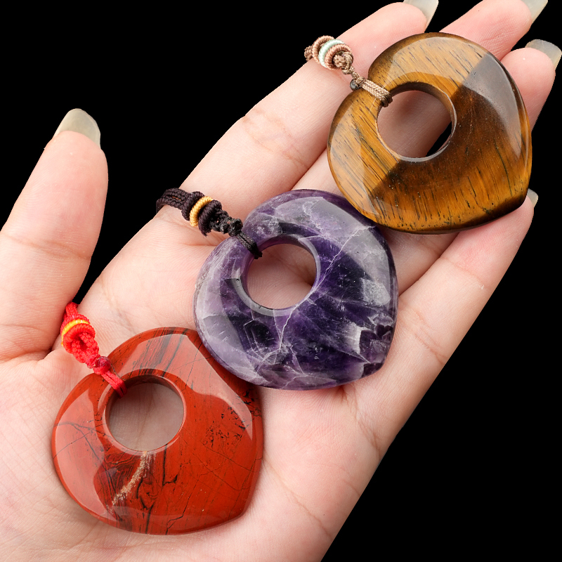 Gemstone 40MM Love Heart Stone Pendant Necklace Adjustable Rope