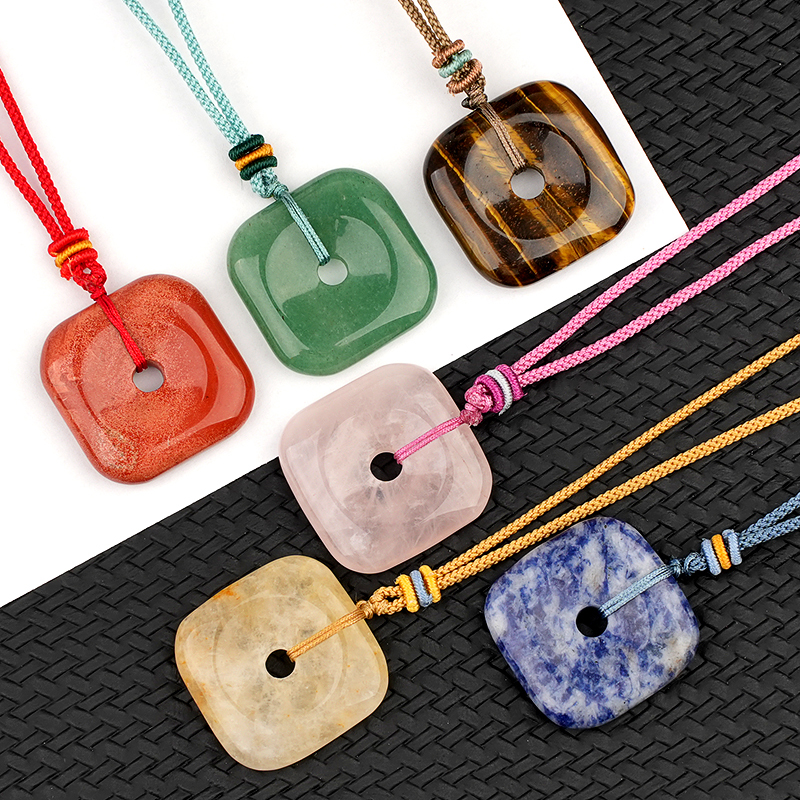 30MM Square Disc Lucky Coin Pingan Pendant Necklace Adjustable Color Rope
