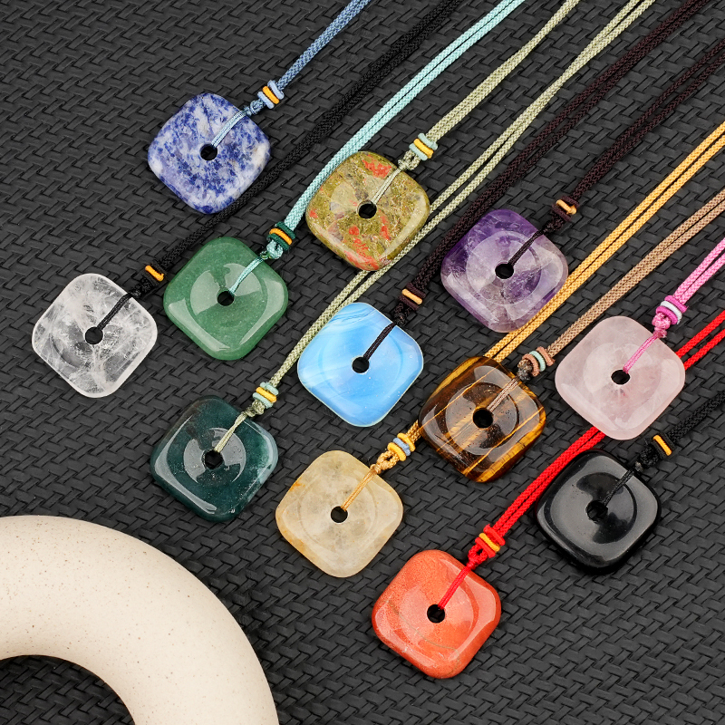 30MM Square Disc Lucky Coin Pingan Pendant Necklace Adjustable Color Rope