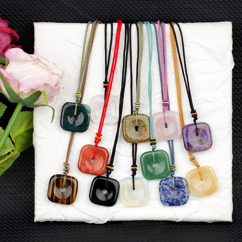 30MM Square Disc Lucky Coin Pingan Pendant Necklace Adjustable Color Rope