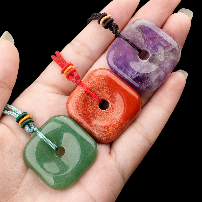 30MM Square Disc Lucky Coin Pingan Pendant Necklace Adjustable Color Rope