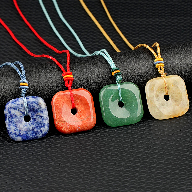 30MM Square Disc Lucky Coin Pingan Pendant Necklace Adjustable Color Rope