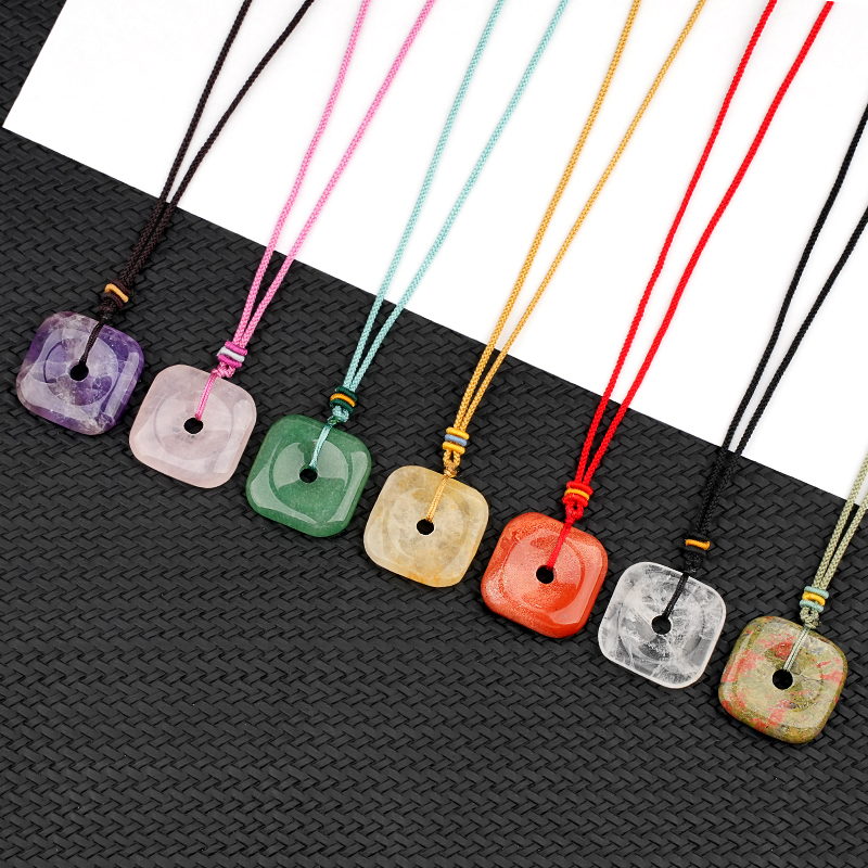 30MM Square Disc Lucky Coin Pingan Pendant Necklace Adjustable Color Rope