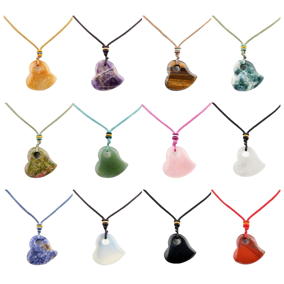 30MM Love Heart Stone Pendant Necklace Adjustable Colorful Rope