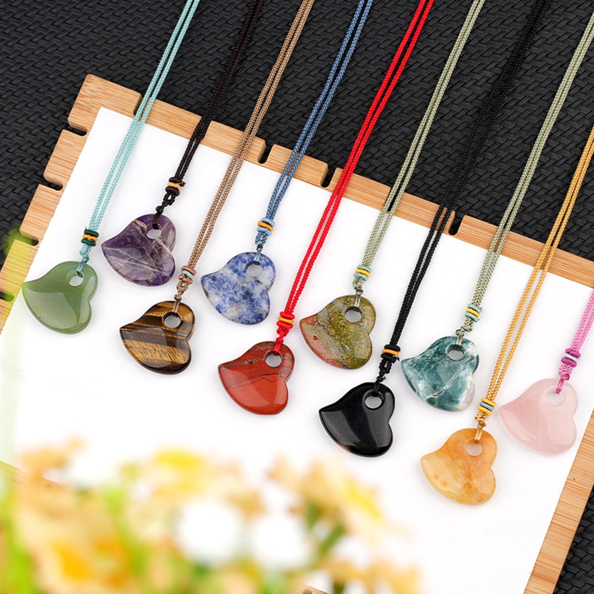 30MM Love Heart Stone Pendant Necklace Adjustable Colorful Rope