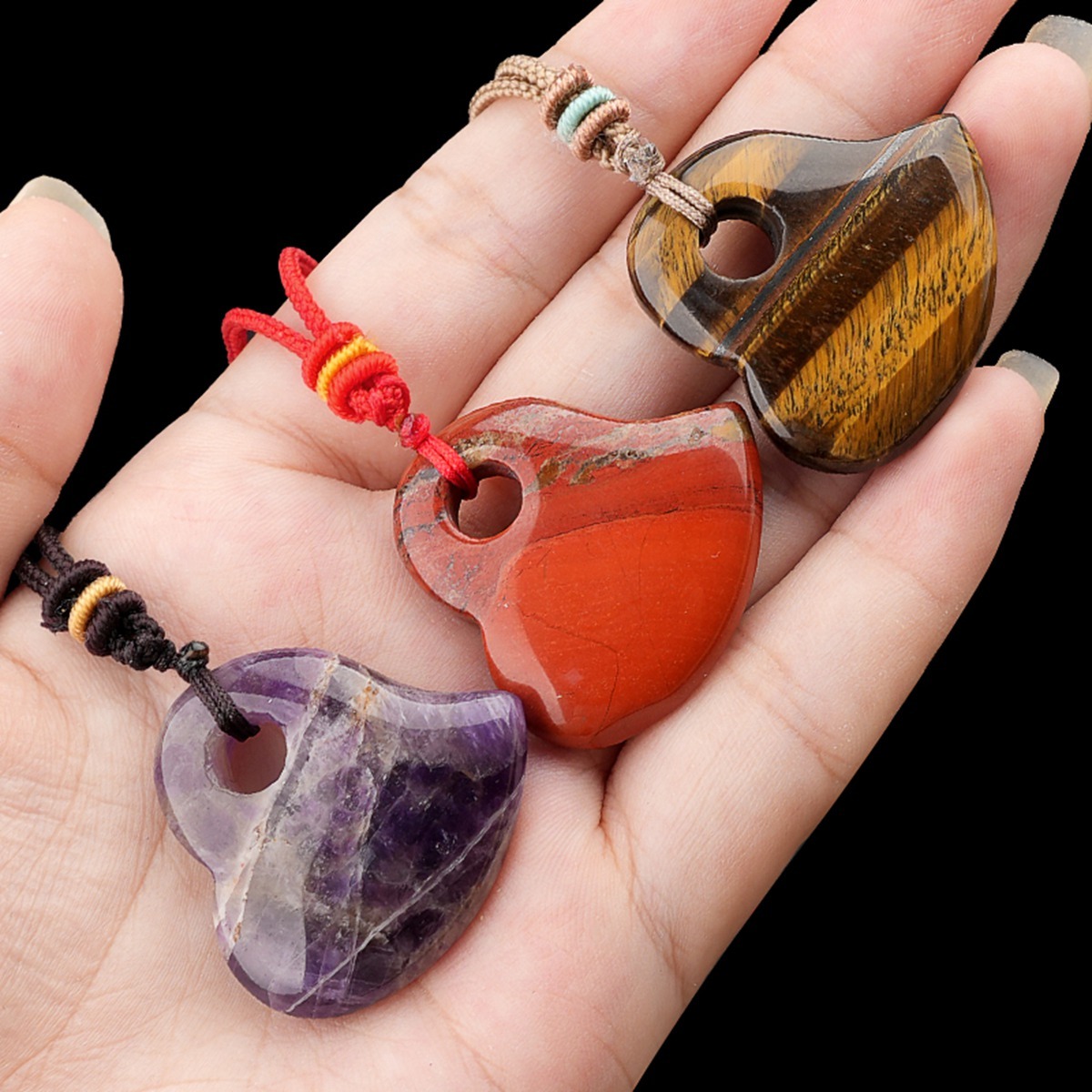 30MM Love Heart Stone Pendant Necklace Adjustable Colorful Rope