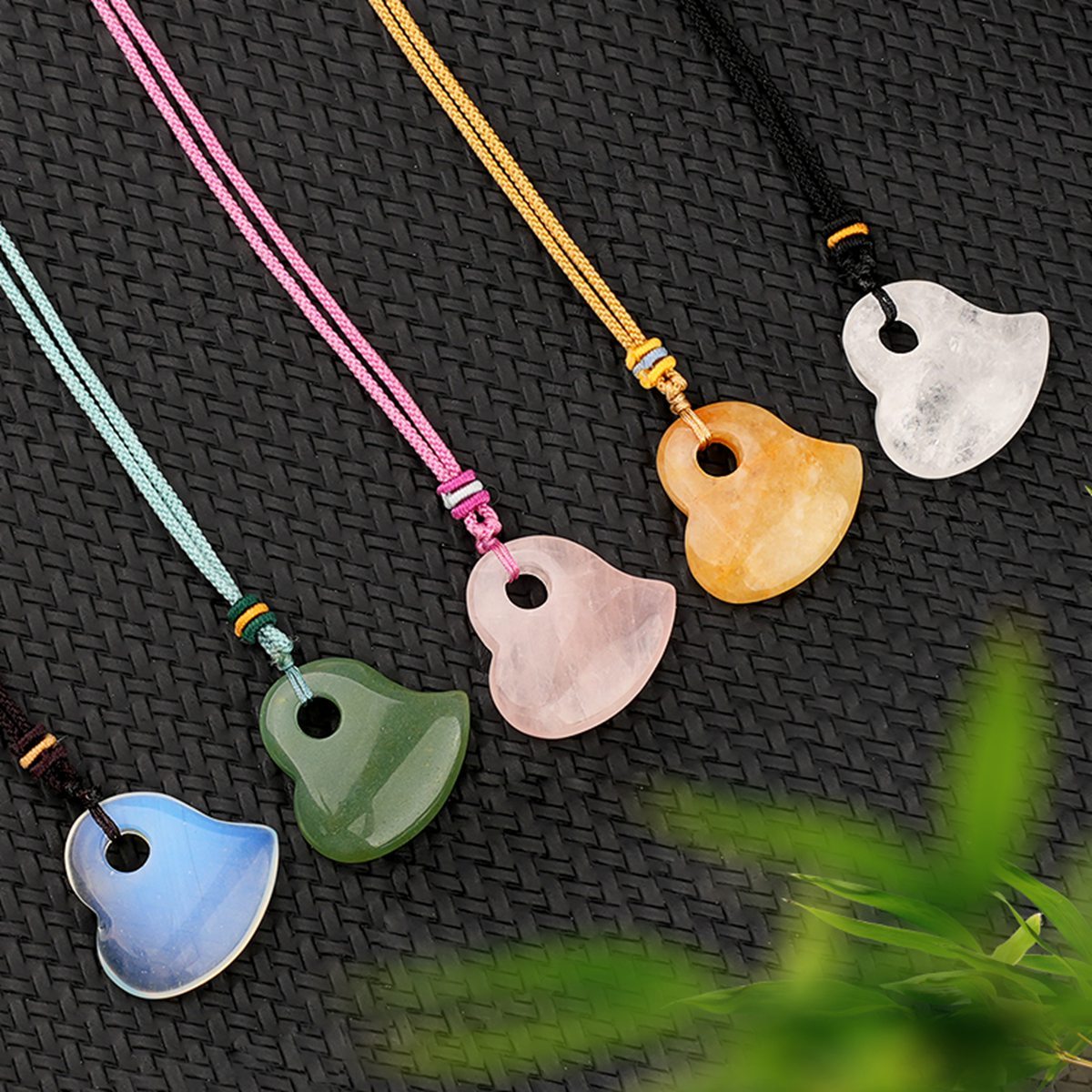 30MM Love Heart Stone Pendant Necklace Adjustable Colorful Rope