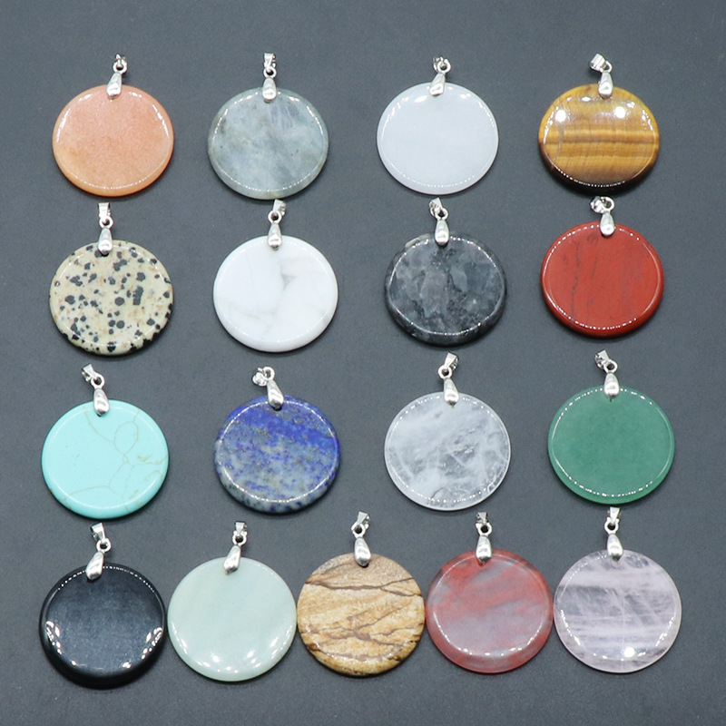 30MM Flat Round Gemstone Disc Pendant Silver Finding Clasp for Making Jewelry