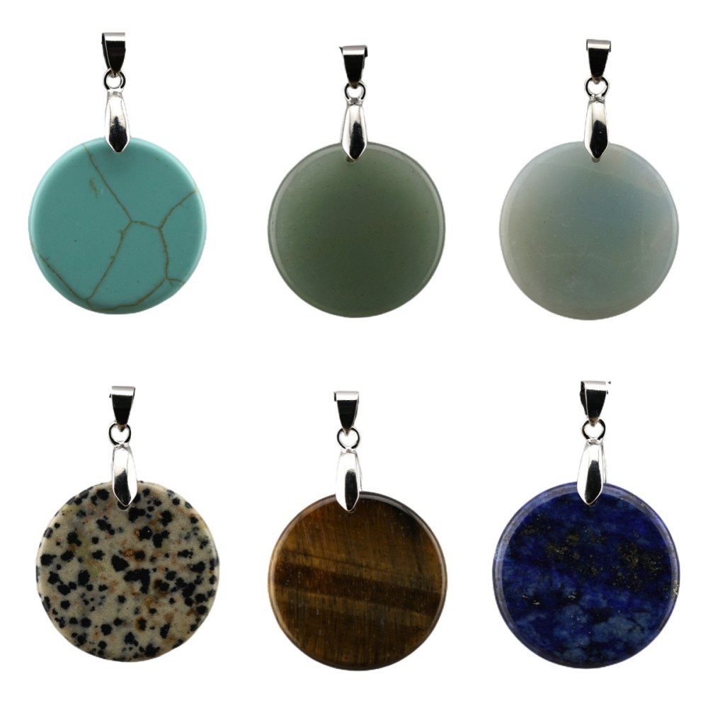 30MM Flat Round Gemstone Disc Pendant Silver Finding Clasp for Making Jewelry