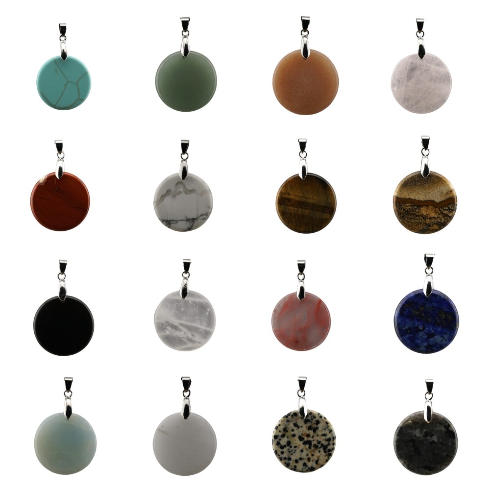 30MM Flat Round Gemstone Disc Pendant Silver Finding Clasp for Making Jewelry