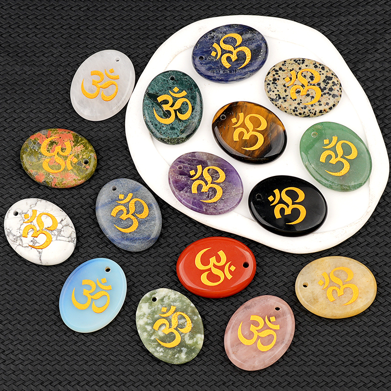 Oval Gemstone Pendant Craved Logo for Making Jewelry 35x45MM Stone Beads Healing Chakra Crystal