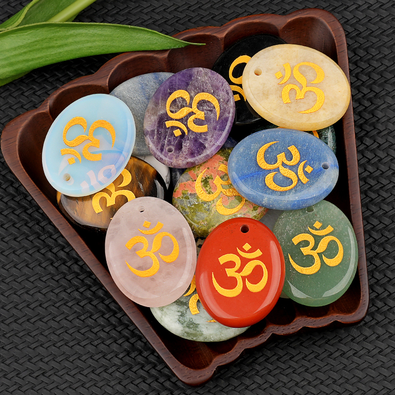 Oval Gemstone Pendant Craved Logo for Making Jewelry 35x45MM Stone Beads Healing Chakra Crystal