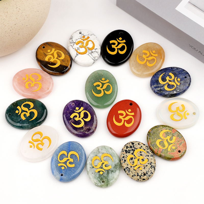 Oval Gemstone Pendant Craved Logo for Making Jewelry 35x45MM Stone Beads Healing Chakra Crystal