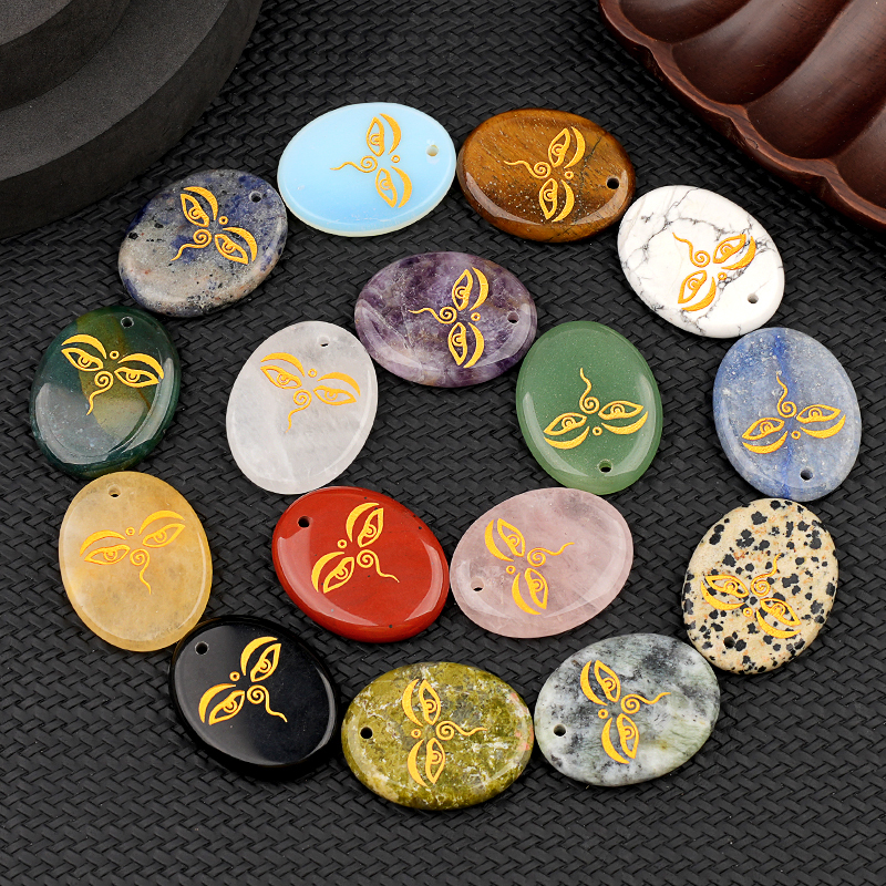 Oval Gemstone Pendant Craved Logo for Making Jewelry 35x45MM Stone Beads Healing Chakra Crystal