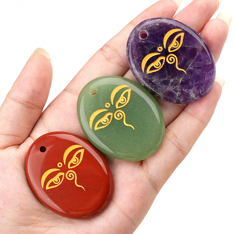 Oval Gemstone Pendant Craved Logo for Making Jewelry 35x45MM Stone Beads Healing Chakra Crystal