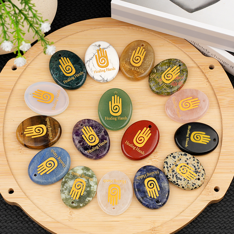 Oval Gemstone Pendant Craved Logo for Making Jewelry 35x45MM Stone Beads Healing Chakra Crystal