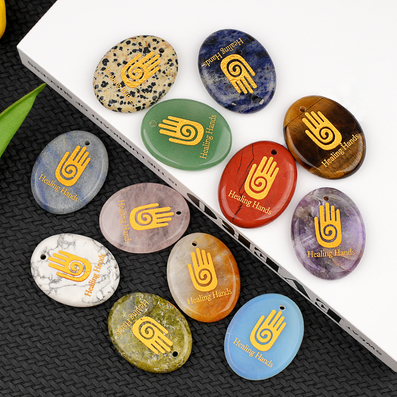 Oval Gemstone Pendant Craved Logo for Making Jewelry 35x45MM Stone Beads Healing Chakra Crystal