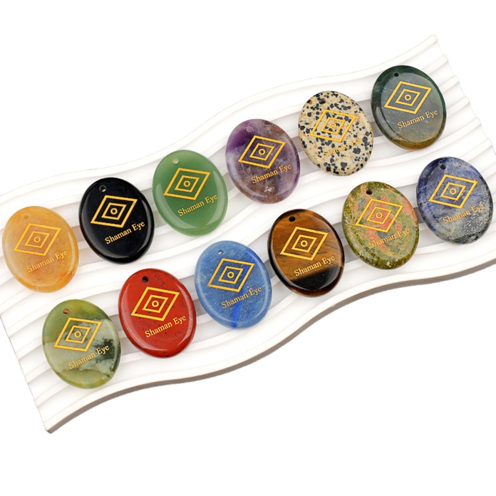 Oval Gemstone Pendant Craved Logo for Making Jewelry 35x45MM Stone Beads Healing Chakra Crystal