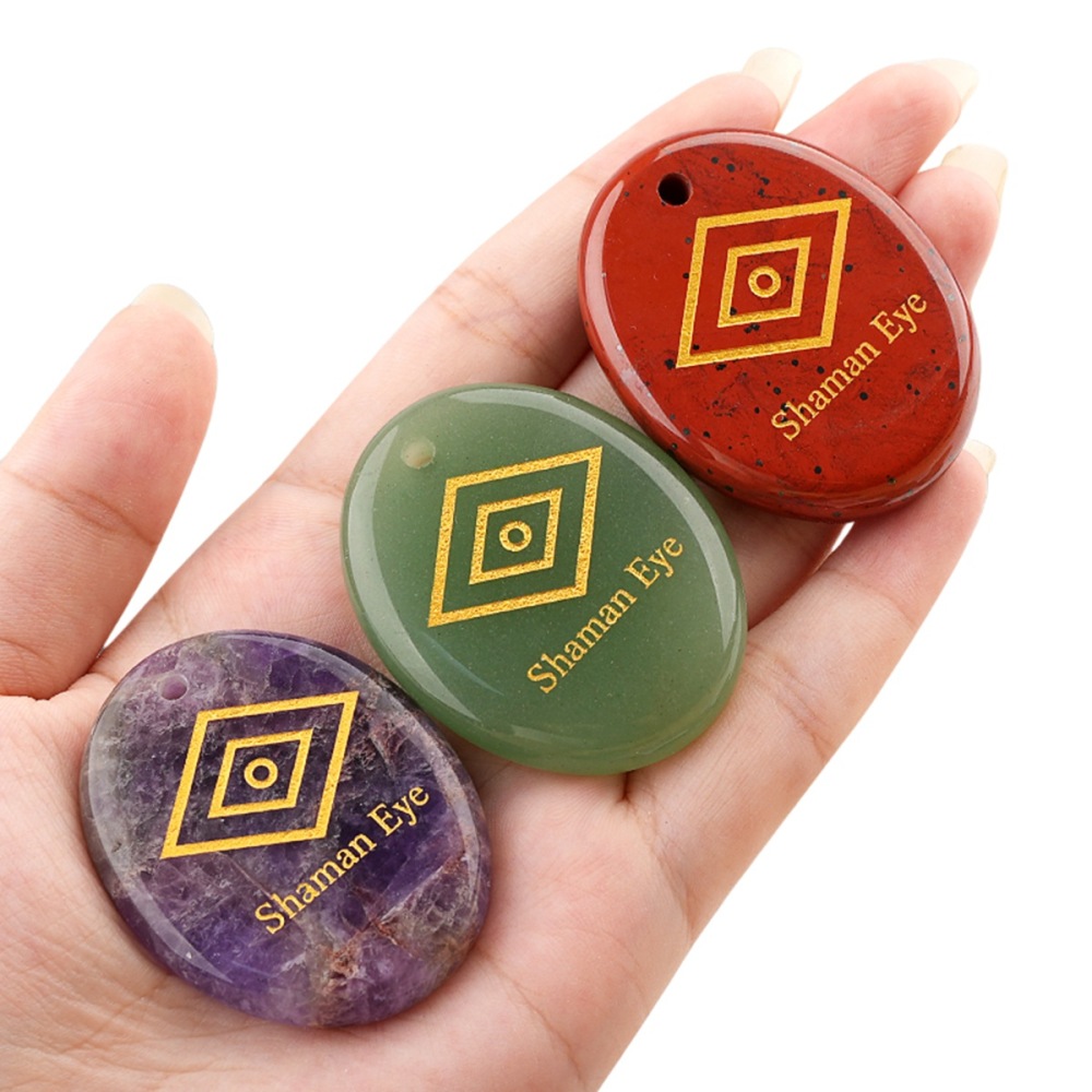 Oval Gemstone Pendant Craved Logo for Making Jewelry 35x45MM Stone Beads Healing Chakra Crystal