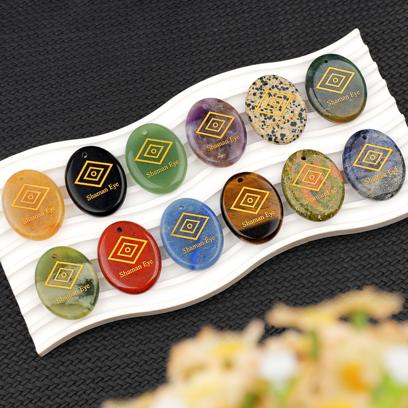 Oval Gemstone Pendant Craved Logo for Making Jewelry 35x45MM Stone Beads Healing Chakra Crystal