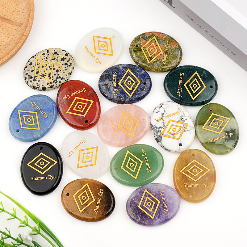 Oval Gemstone Pendant Craved Logo for Making Jewelry 35x45MM Stone Beads Healing Chakra Crystal