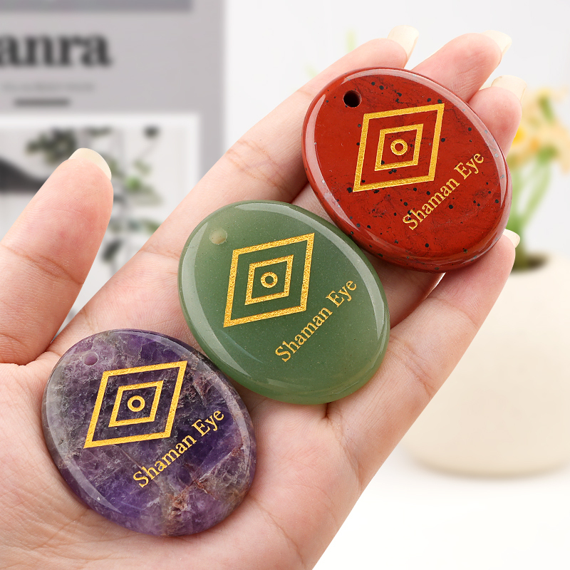 Oval Gemstone Pendant Craved Logo for Making Jewelry 35x45MM Stone Beads Healing Chakra Crystal