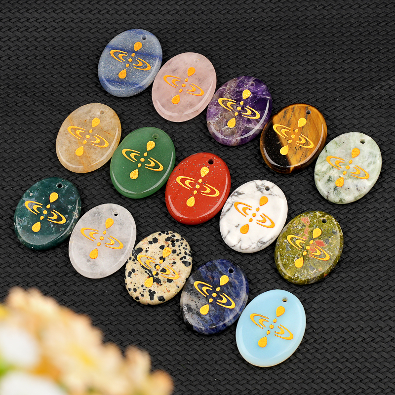 Oval Gemstone Pendant Craved Logo for Making Jewelry 35x45MM Stone Beads Healing Chakra Crystal