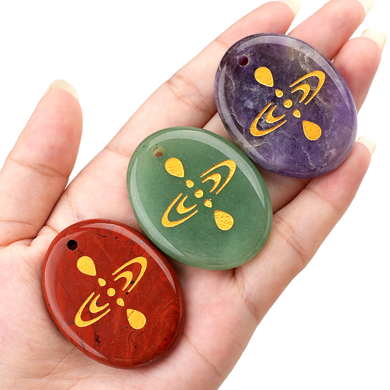Oval Gemstone Pendant Craved Logo for Making Jewelry 35x45MM Stone Beads Healing Chakra Crystal