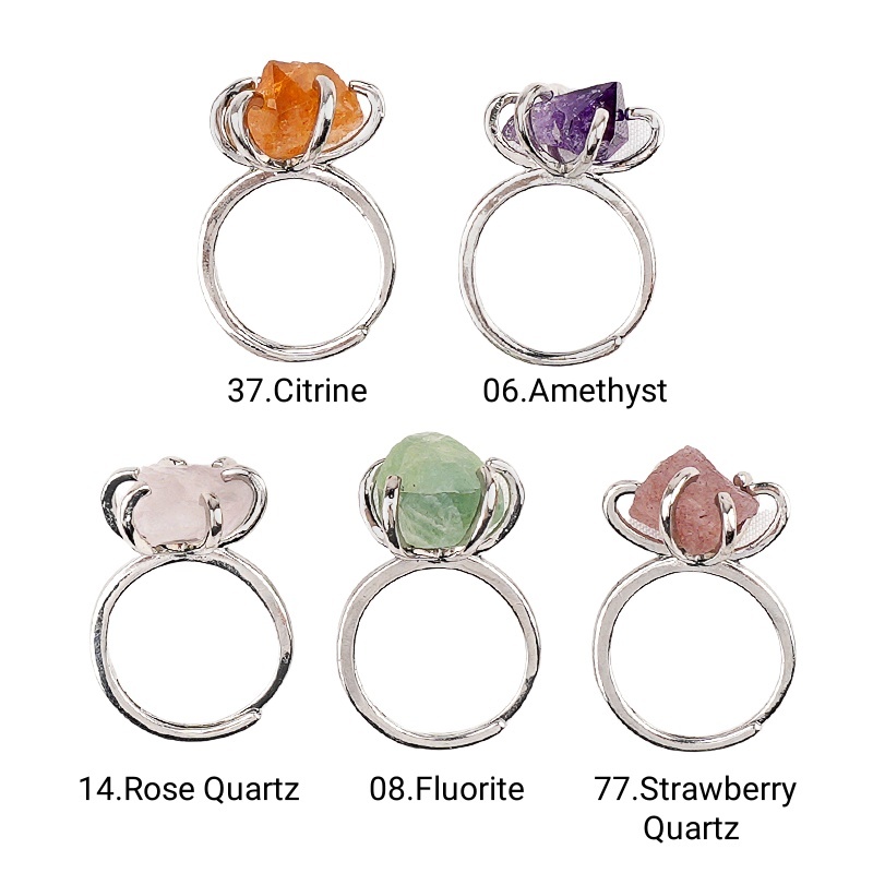 Raw Crystal Silver Adjustable Gemstone Rings for Women Girls