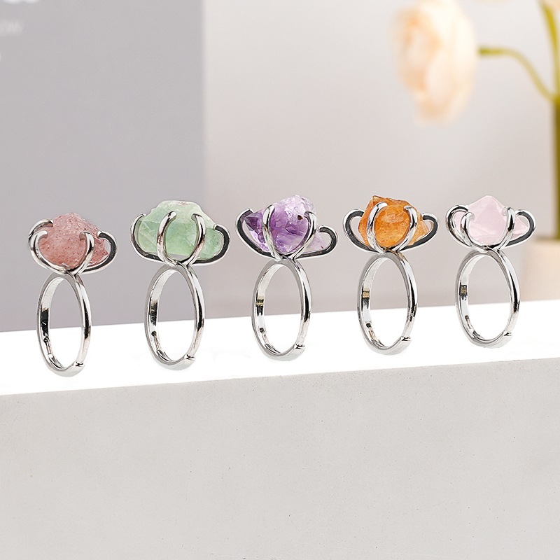 Raw Crystal Silver Adjustable Gemstone Rings for Women Girls
