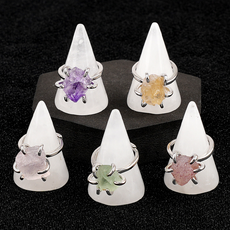 Raw Crystal Silver Adjustable Gemstone Rings for Women Girls