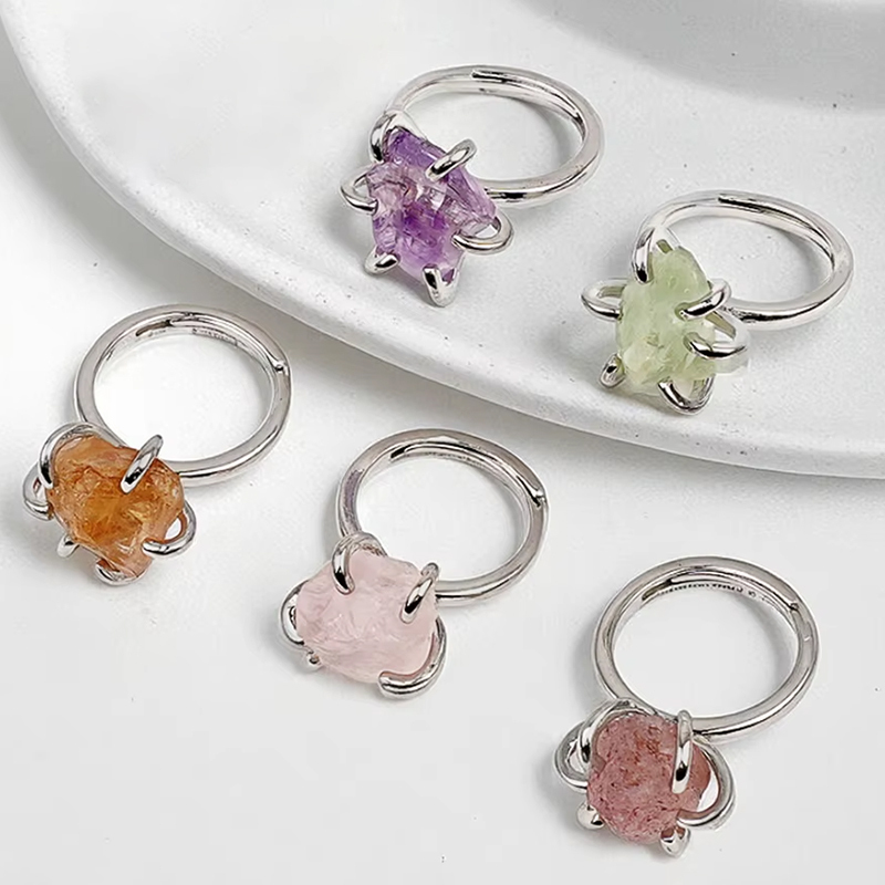 Raw Crystal Silver Adjustable Gemstone Rings for Women Girls