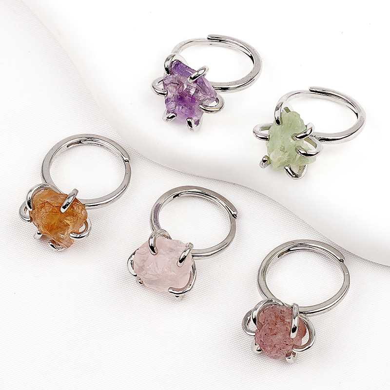 Raw Crystal Silver Adjustable Gemstone Rings for Women Girls