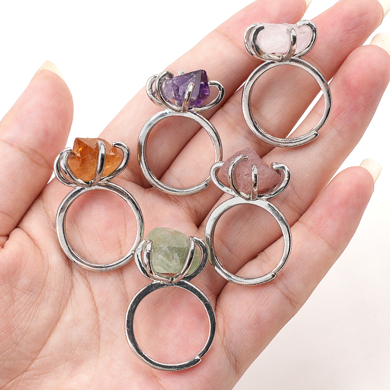 Raw Crystal Silver Adjustable Gemstone Rings for Women Girls