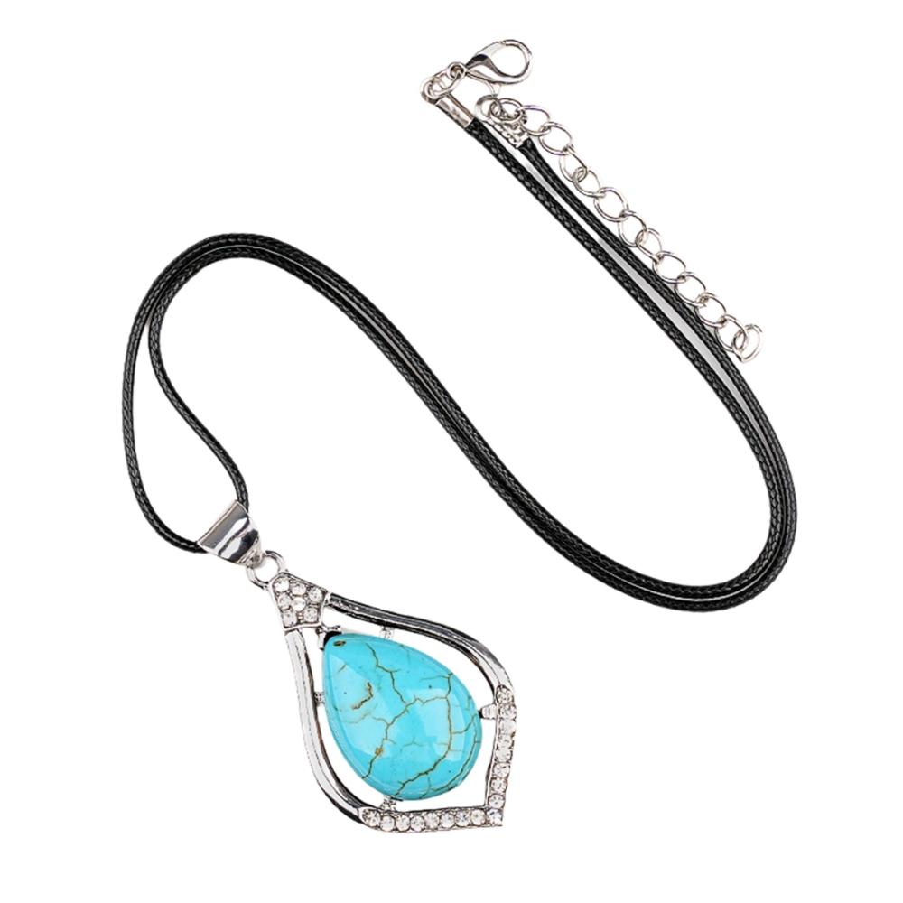 Silver Alloy Teardrop Cabs Stone Pendant Necklace 45cm Black Cord SN1952S