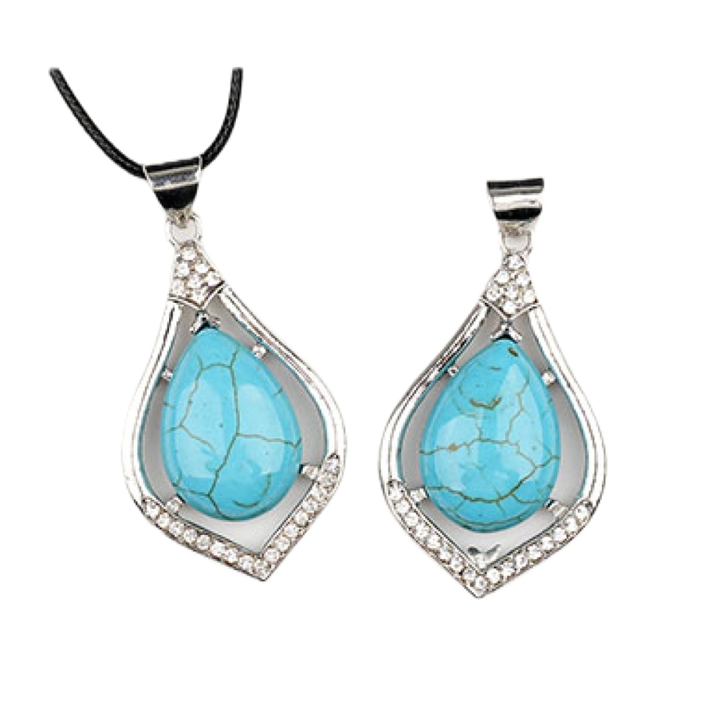 Silver Alloy Teardrop Cabs Stone Pendant Necklace 45cm Black Cord SN1952S