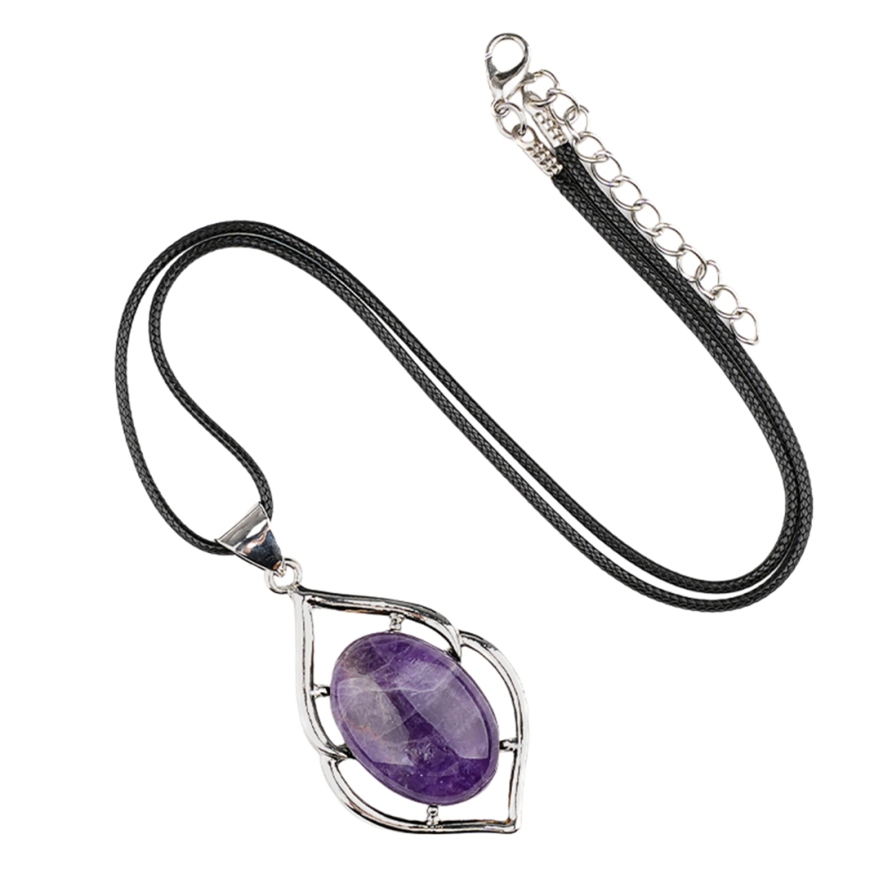 Silver Alloy Oval Cabs Stone Pendant Necklace 45cm Black Cord