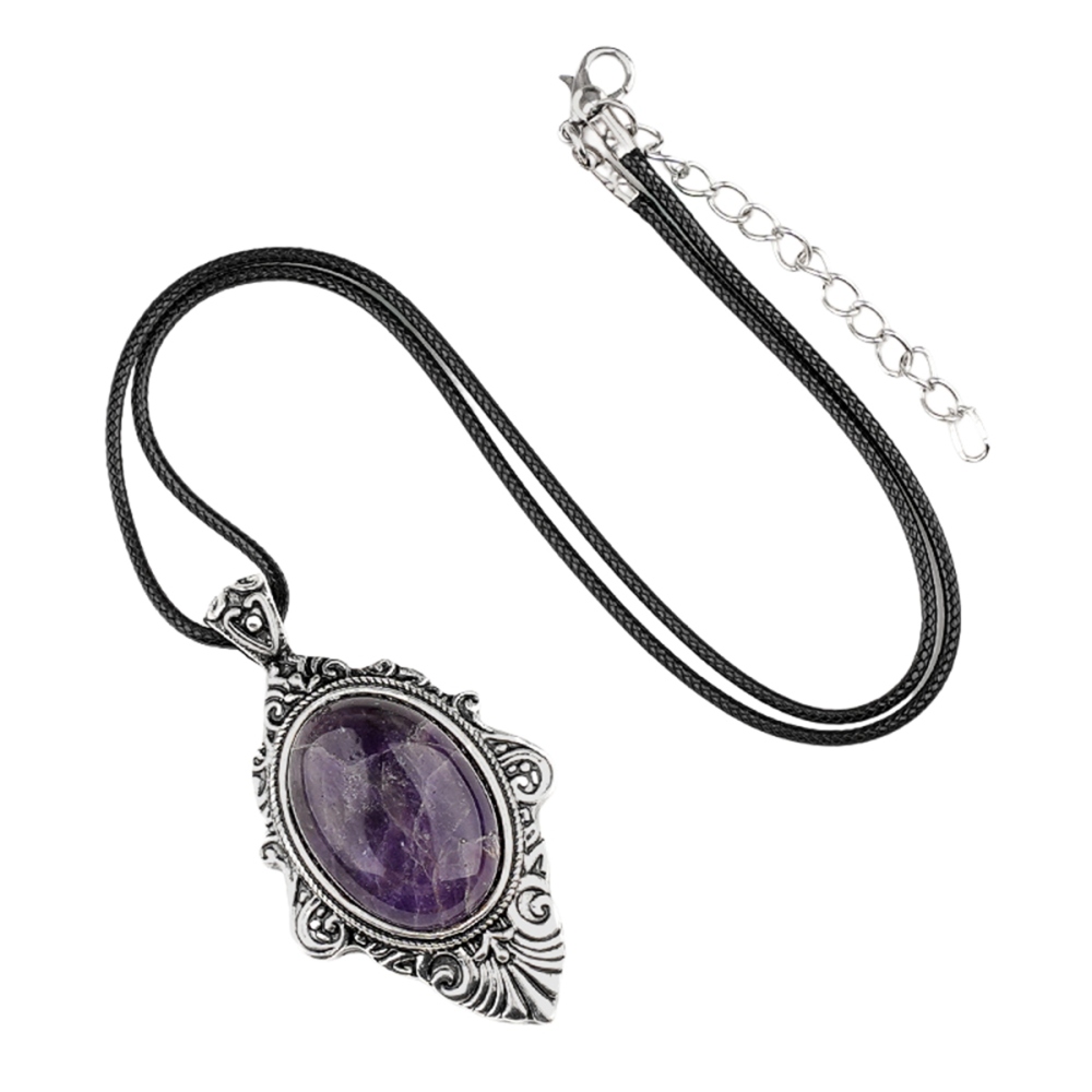 Silver Alloy Oval Cabs Stone Pendant Necklace 45CM Black Cord SN1951S