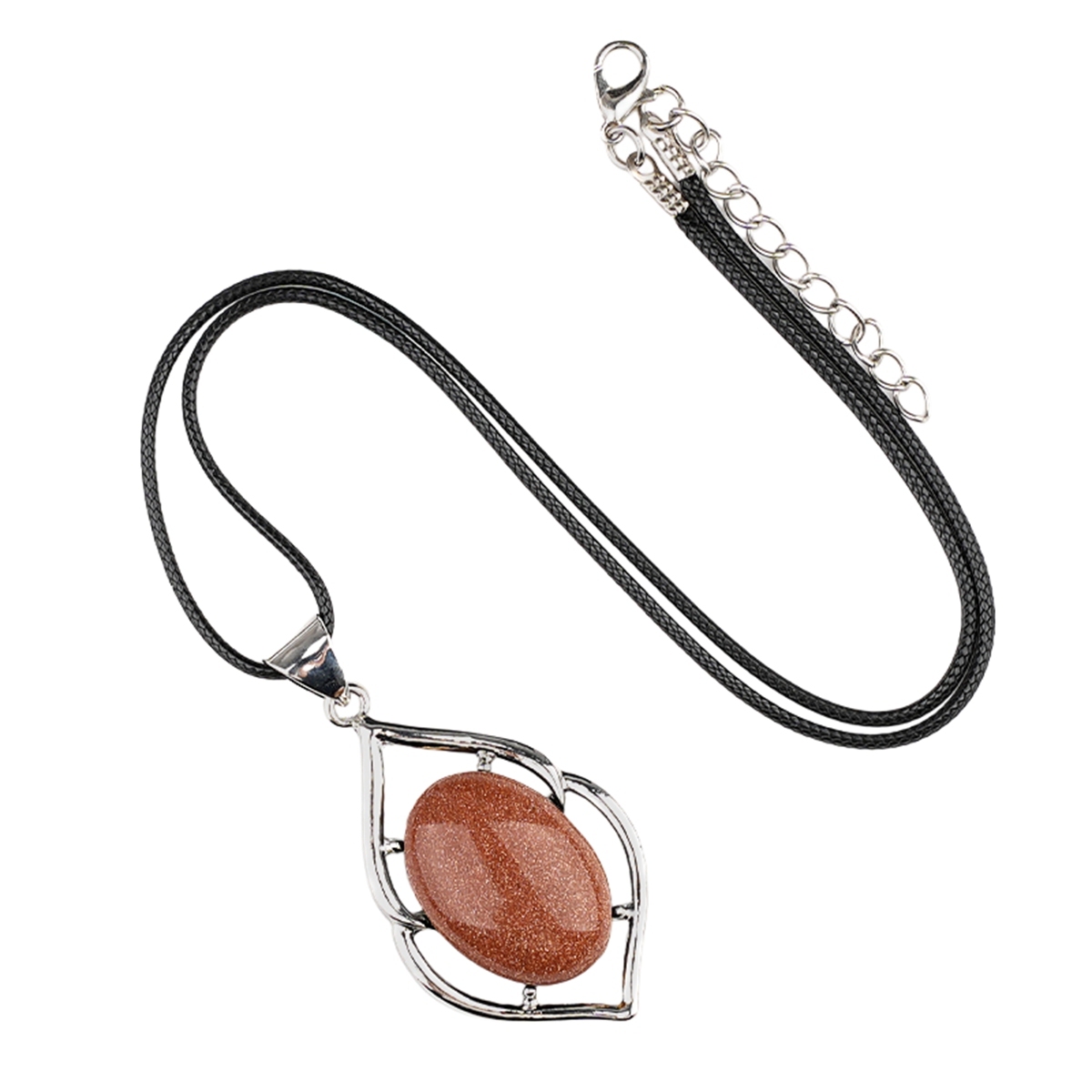 Silver Alloy Oval Cabs Stone Pendant Necklace 45cm Black Cord