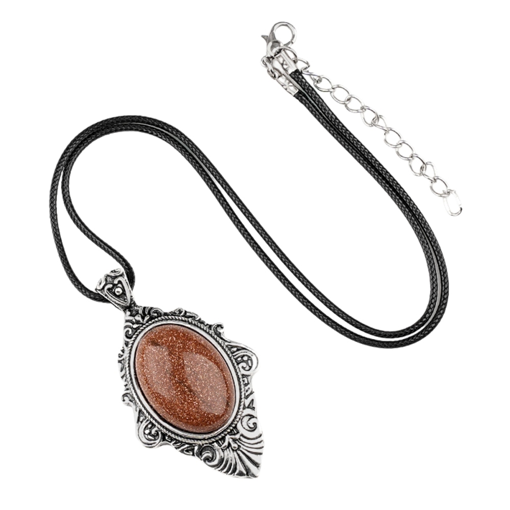 Silver Alloy Oval Cabs Stone Pendant Necklace 45CM Black Cord SN1951S