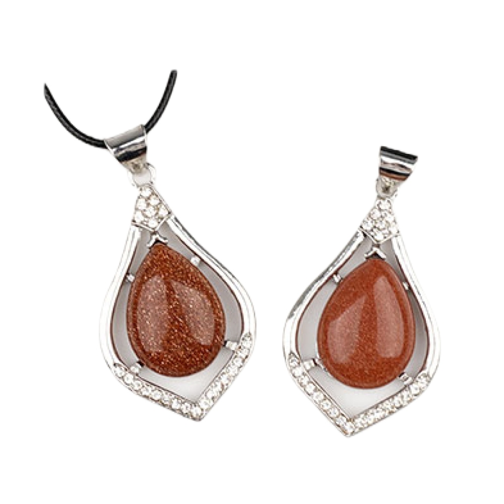 Silver Alloy Teardrop Cabs Stone Pendant Necklace 45cm Black Cord SN1952S