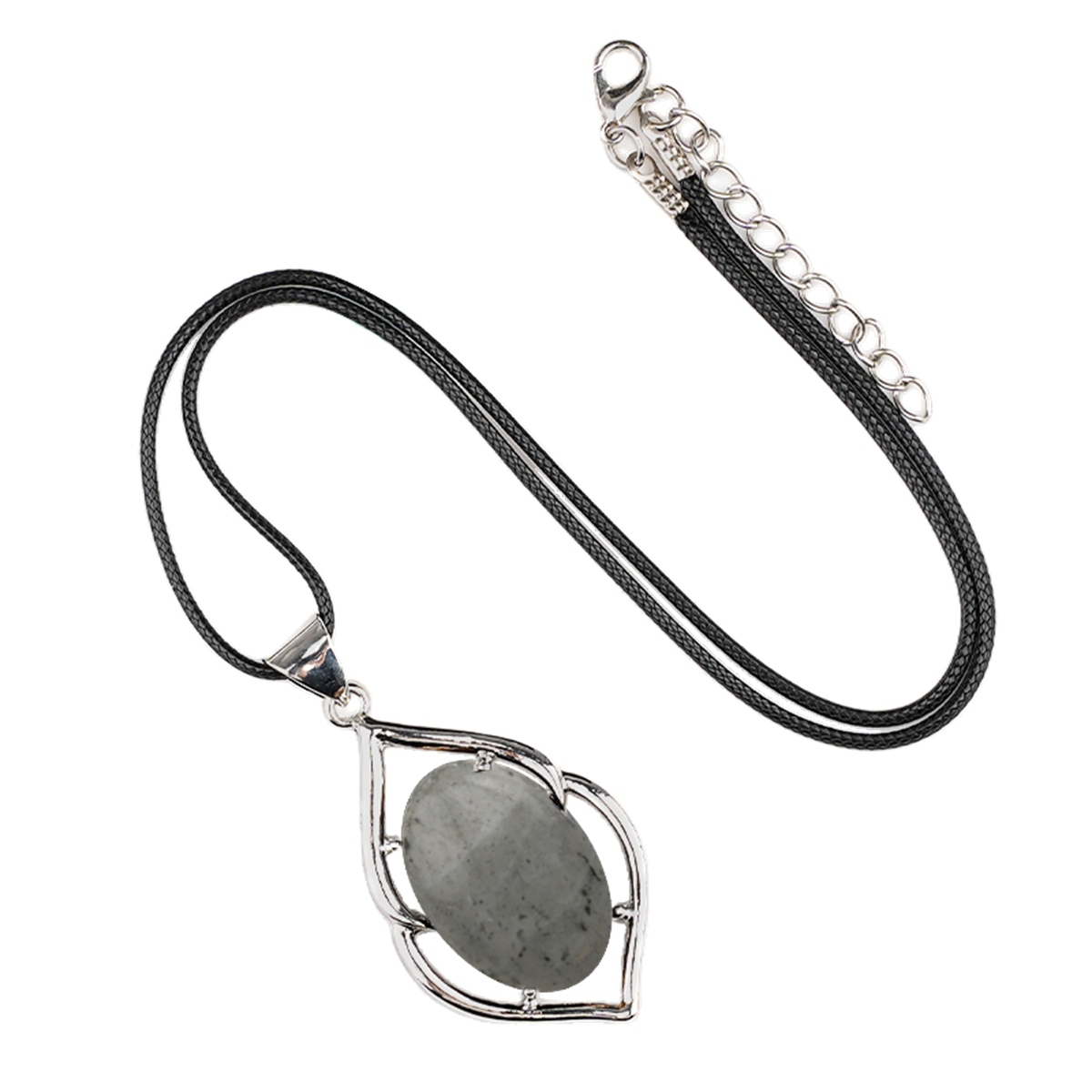 Silver Alloy Oval Cabs Stone Pendant Necklace 45cm Black Cord