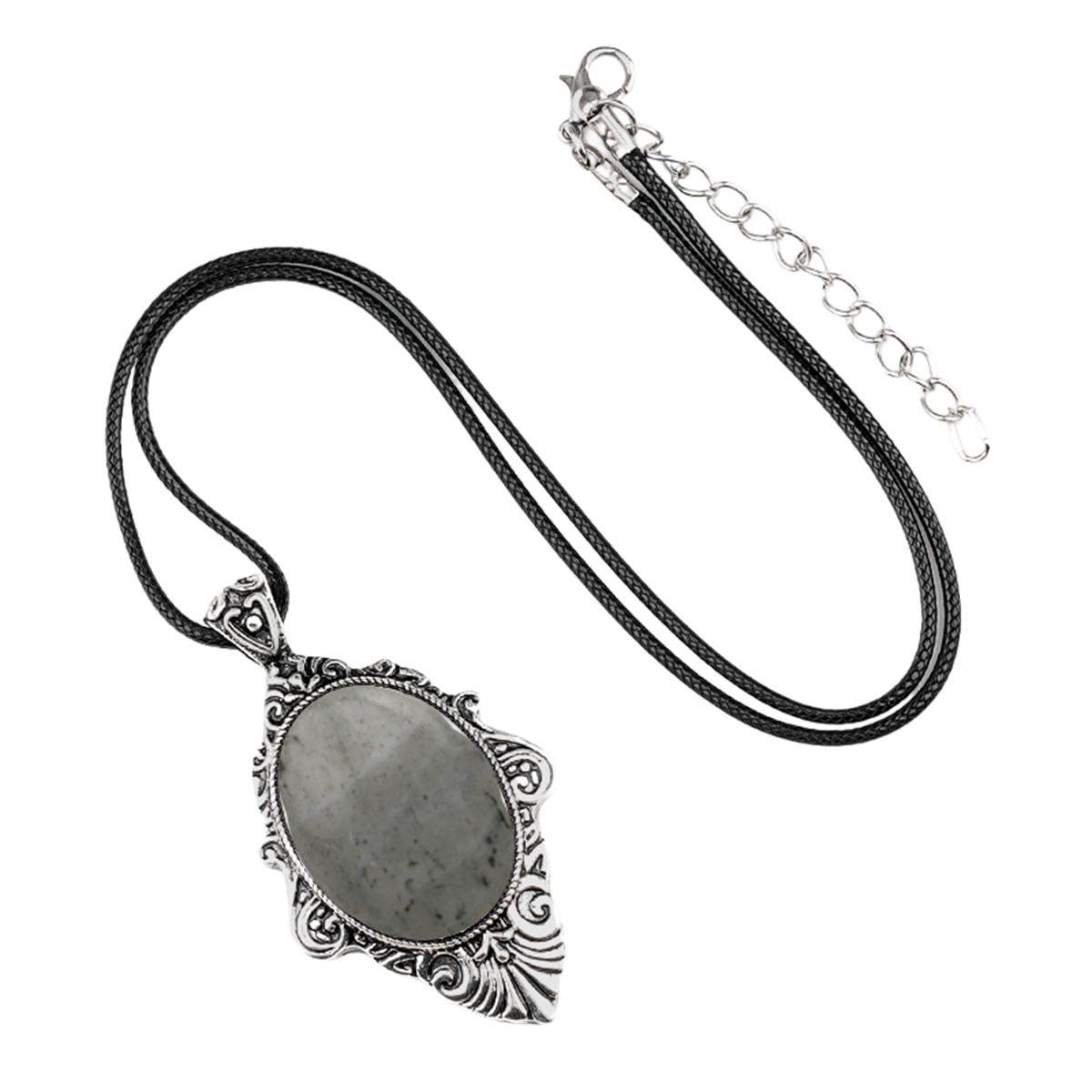Silver Alloy Oval Cabs Stone Pendant Necklace 45CM Black Cord SN1951S