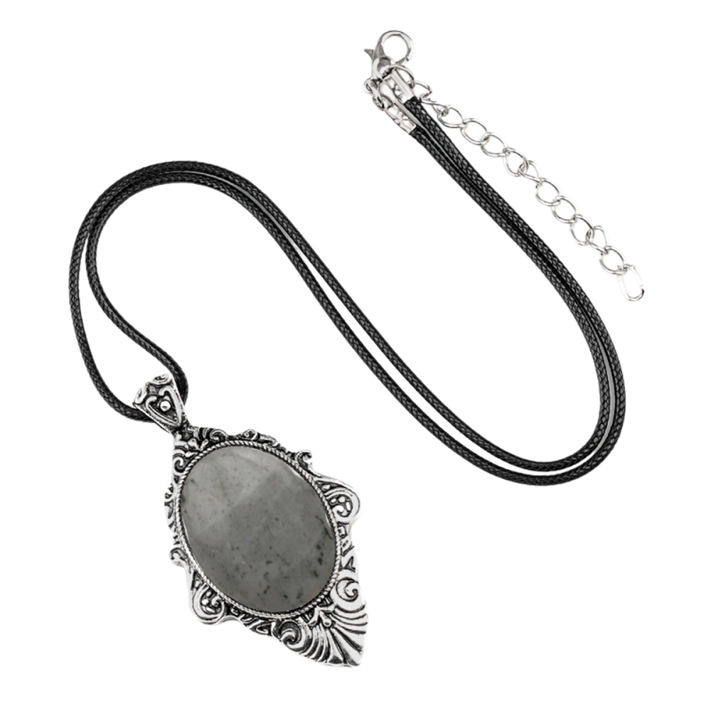 Silver Alloy Oval Cabs Stone Pendant Necklace 45CM Black Cord SN1951S