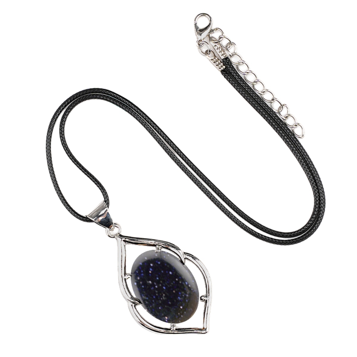 Silver Alloy Oval Cabs Stone Pendant Necklace 45cm Black Cord