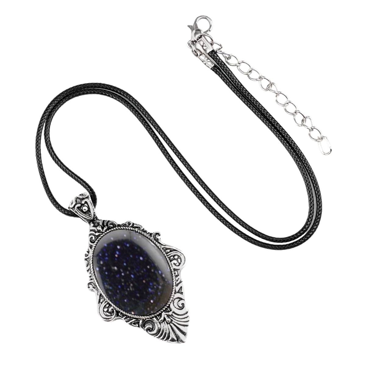 Silver Alloy Oval Cabs Stone Pendant Necklace 45CM Black Cord SN1951S