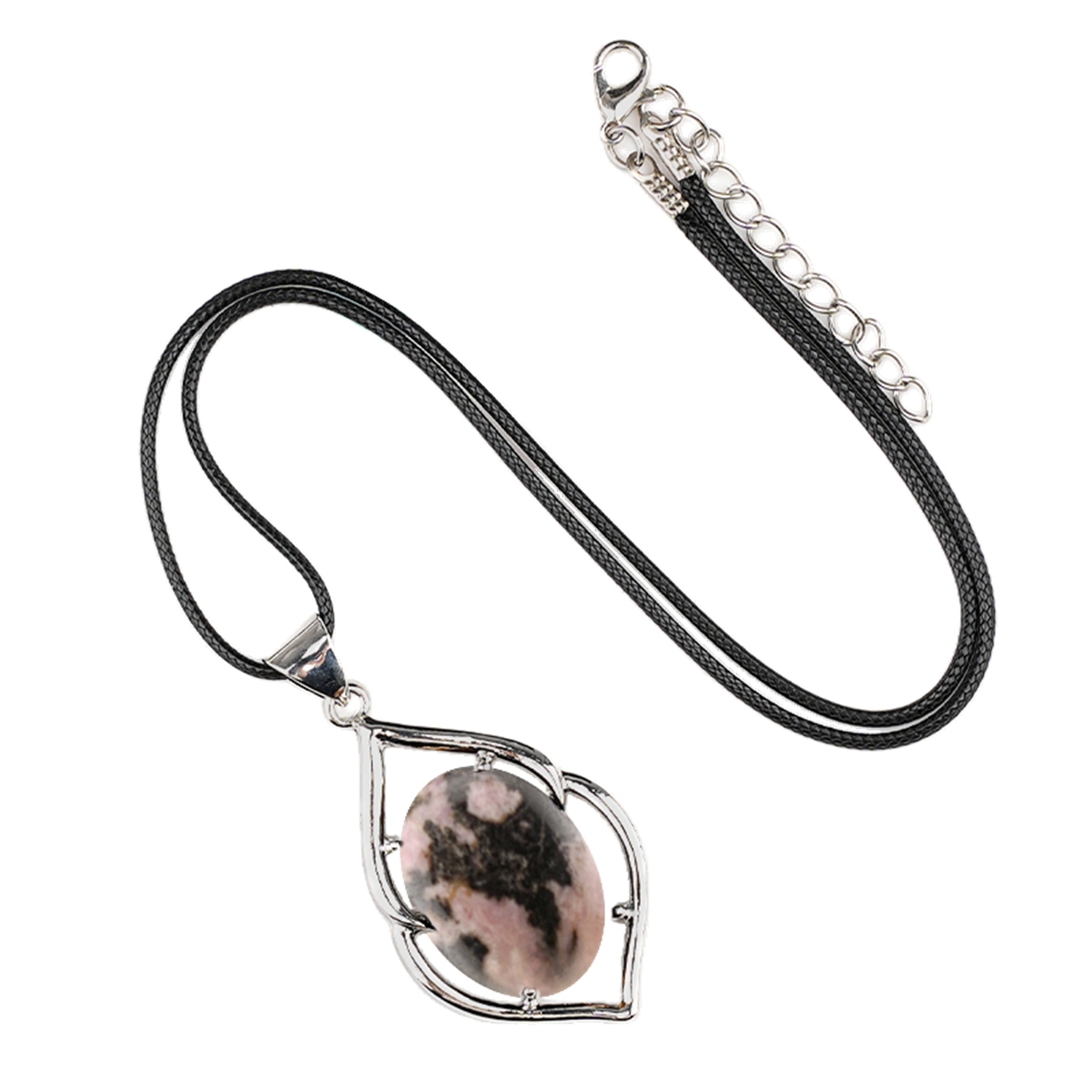 Silver Alloy Oval Cabs Stone Pendant Necklace 45cm Black Cord